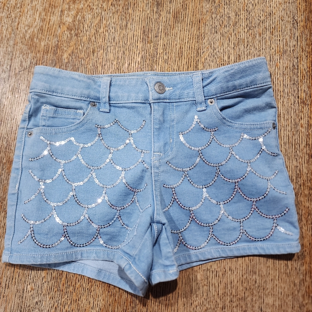 Cat & Jack Girl Denim Shorts with Silver Mermaid Pattetn Size 10/12